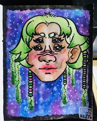 a watercolor painting of a girl with green hair