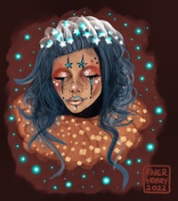 a drawing of a girl with blue hair and stars on her head