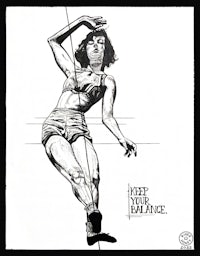 a black and white drawing of a woman in a bikini with the words keep your balance